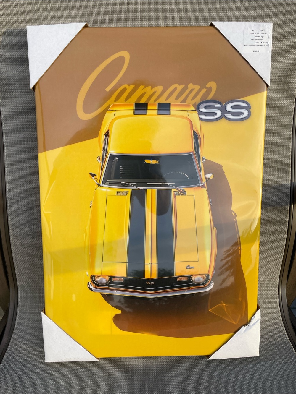 NIB Chevrolet Camaro SS Yellow Vinyl Mounted Wall Art - 13x20”